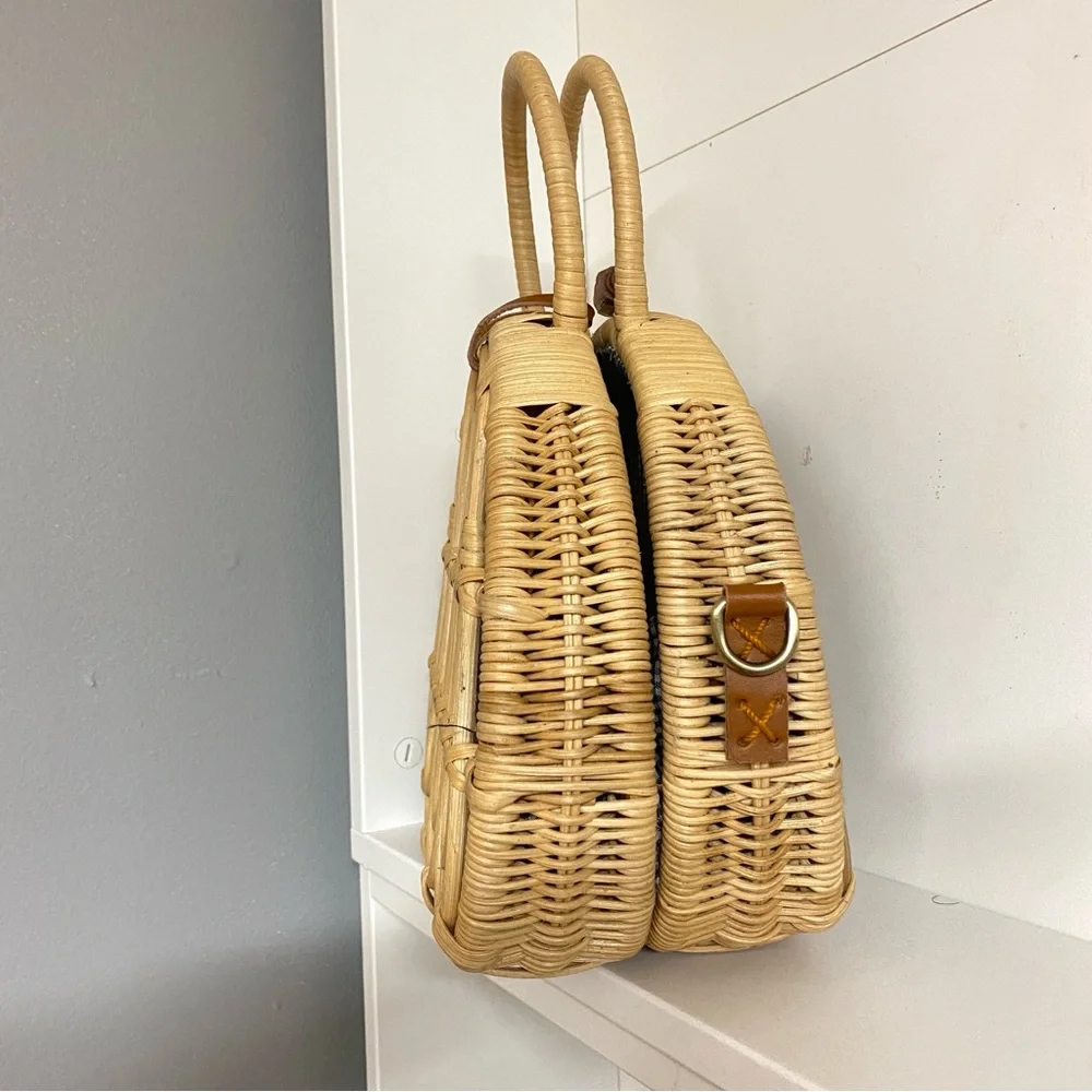Anthropologie | NWOT Mini Rattan Suitcase Satchel Purse Basket Bag Blue Gingham - Picture 4 of 10